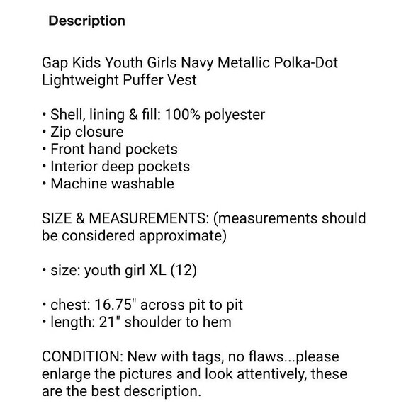 Gap Kids Youth Girl Navy Metallic Polka-Dot Lightweight Puffer Vest   XL 12  NWT - Picture 11 of 11